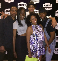 Allison Edwards-Crewe posing within a group of five at an American Black Film Festival (ABFF) awards event